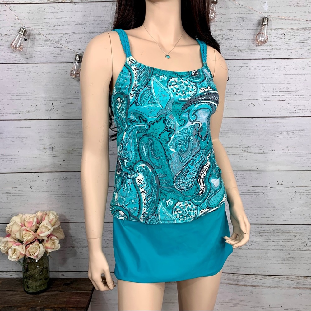 TALBOTS Teal Paisley Braided Rope Tankini Swimsuit